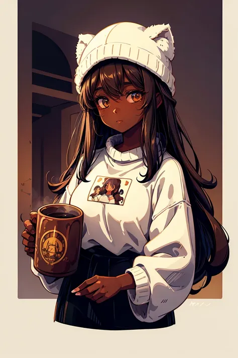 Dark skin pretty young woman in an oversized fuzzy fitted shirt, shy, holding one labeled mug, insanely detailed, 4K, 2D illustration, clearly detailed luminous brown eyes, muted pastels and white