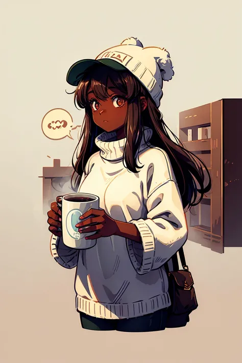 Dark skin pretty young woman in an oversized fuzzy fitted shirt, shy, holding one labeled mug, insanely detailed, 4K, 2D illustration, clearly detailed luminous brown eyes, muted pastels and white