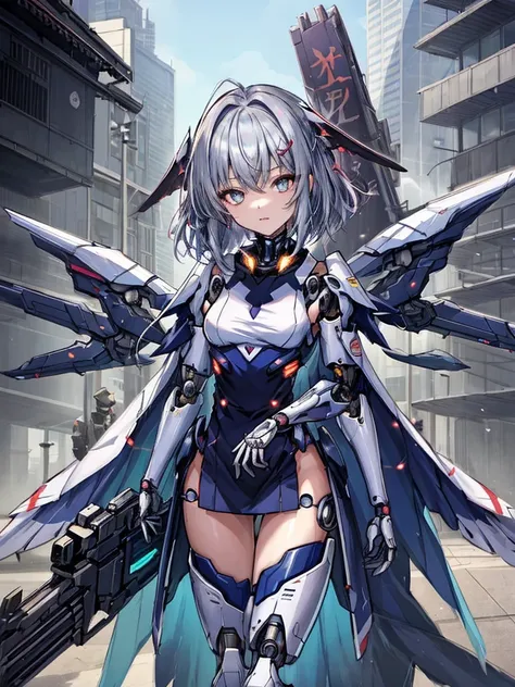 top-quality、ighly detailed、​masterpiece、ultra-detailliert、illustratio、((1girl in))、silber hair、length hair、Floating hair、、Cyber City、Neon building、(The upper part of the body:1.05)、extremely_Detailed_Eyes_And_Face,cybernetic wings mechanical wings、Random p...