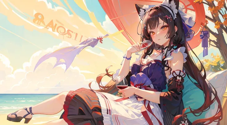 Anime girl sitting on the beach holding a glass of wine, From《Azur route》videogame, gorgeous maid, [ 4K digital art ]!!, azur lane style, of anime girls, From the maiden front, anime girl in a maid costume, finely detailled. Girl Front, best anime 4k konac...