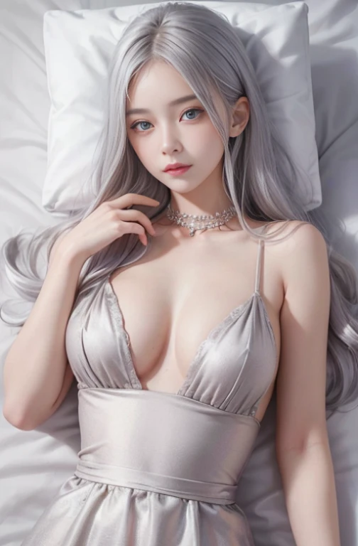 perfect anatomy, masterpiece, best quality, extremely detailed, (beautiful skin:1.1), beautiful eyes, perfect face, a innocent girl, very cute face, pure face, idol, platinum silver hair, long hair, embarrassed, blush, (lying, on back on the bed:1.5), port...