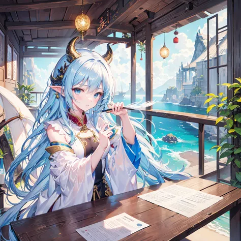 study room，a dragon girl，A horn grows on the head，White scales，coda，Ancient Chinese clothing，robe，Brush in hand，Study desk