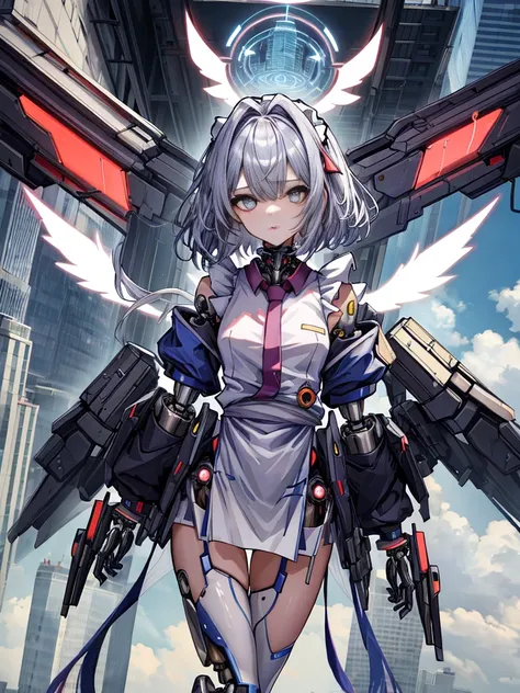 top-quality、ighly detailed、​masterpiece、ultra-detailliert、illustratio、((1girl in))、silber hair、length hair、Floating hair、、Cyber City、Neon building、(The upper part of the body:1.05)、extremely_Detailed_Eyes_And_Face,cybernetic wings mechanical wings、Random p...