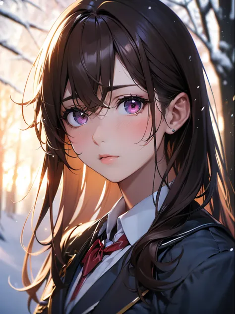 ((Brown hair))、Brown hair long hair、Navy blue blazer school uniform with red ribbon、Red-purple eye step piece, Best Quality, High quality, Highly detailed CG Unity 8k wallpaper, coniferous forest, Silence, towering conifers covering forest floor, Severe co...