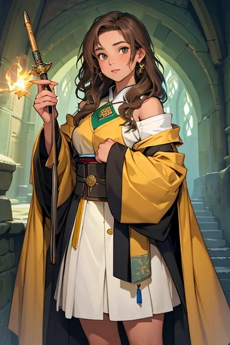 Hogwarts 28 years old woman an she has light brown shoulder-length hair, gray eyes, and black skin. she wears earth wizard clothes with colors of yellow and green. she has a wand she is tall, she is beautiful