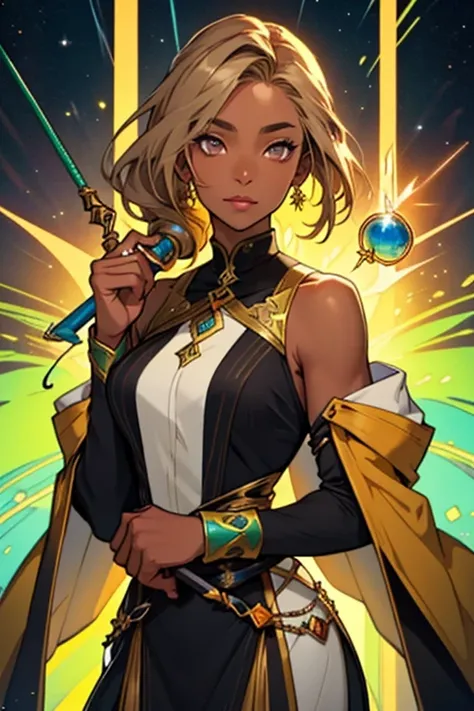 28 years old woman teacher an she has light brown shoulder-length hair, gray eyes, and black skin. she wears earth wizard clothes with colors of yellow and green. she has a wand she is tall, she is beautiful