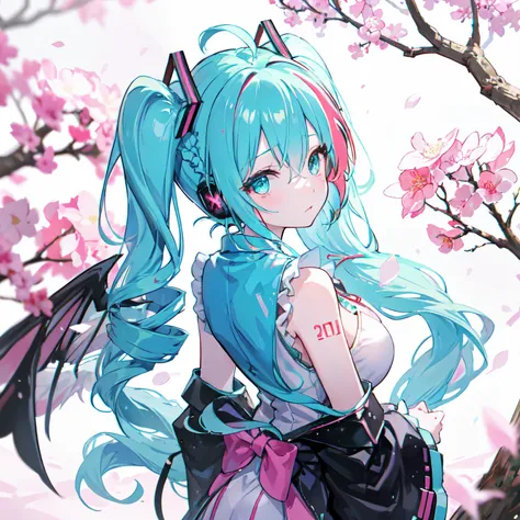 from adobe,miku hatsune,Wings of an angel on the back,Stand under a cherry tree,Sakura blizzard,Looks Back,（Solo,(Dreadlocks:1.4),Drill Hair,afro,Ponytail,two side up,hime-cut,Twin-tailed,braid,(Hair bun:0.7),(wavy multicolor hair:1.2),Piercing,headset on ...