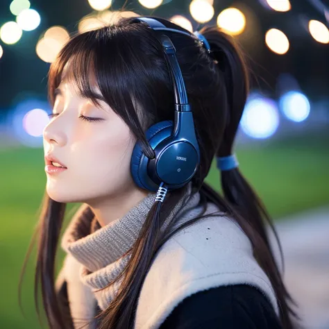 An ultra-high picture quality、Perfect Photo、japanes、japanese beauty girl、14years、((((profile))))、(((closing eye)))、Winter clothes、Christmas Lights、lawn、Earmuffs、big eye、A dark-haired、Layer Hair、Open your mouth a little、look up sky、