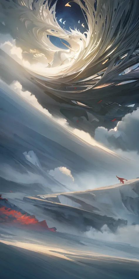 There was a man standing on the beach，Kites fly in the sky, inspired by jessica rossier, Bastien Grevi, Jessica Rossier Fantasy Art, jessica rossier color scheme, by Jessica Rossier, WLOP y RHADS, marc adamus, Concept art wallpaper 4K, Inspired by Christop...