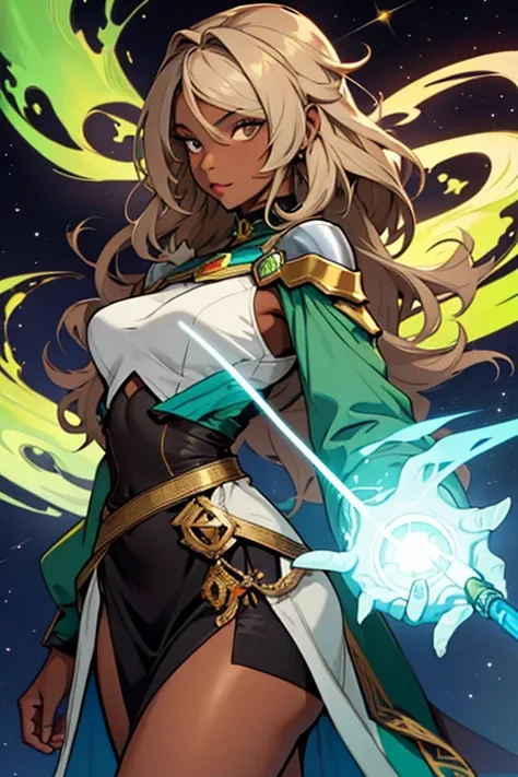 28 years old woman teacher an she has light brown shoulder-length hair, gray eyes, and black skin. she wears earth wizard clothes with colors of yellow and green. she has a wand she is tall, she is beautiful