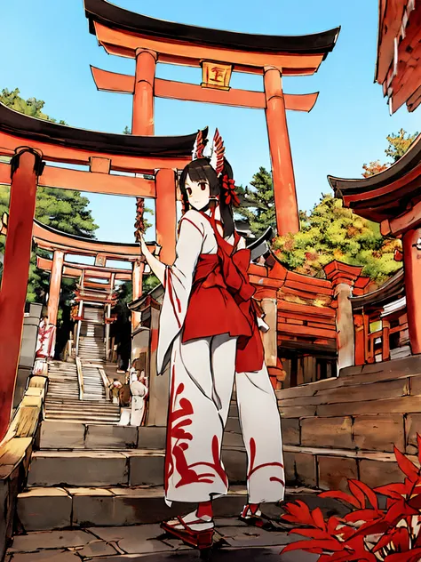 Next to the torii gate of the temple，There stood a witch wearing red and white trousers，Her name  Reimu Hakurehe&#39;s a human miko from Gensokyo.，