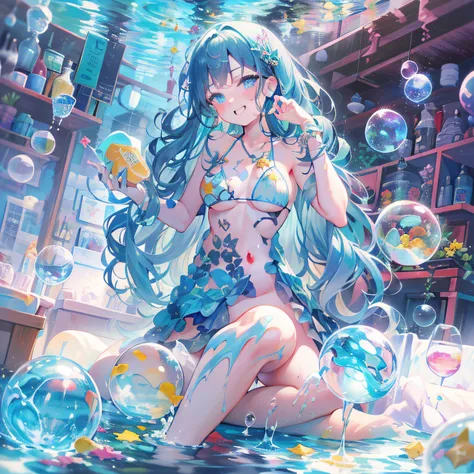 （​masterpiece、best qualtiy、best detailed）Plump、blue eyess、Beautuful Women、（Slime Body Paint Bikini）Heavy undersea temple in the background、（NSFW）、cute smile face、Soap bubbles on soap bubbles background、Walking figure