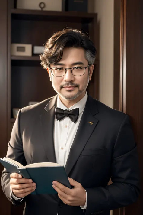 1man, asian, middle-aged, light-bearded, light-brown skin, short black hair, dark brown eyes, semi-formal attire, wears reading glasses, high res, ultrasharp, 8k, masterpiece, looking at viewer,