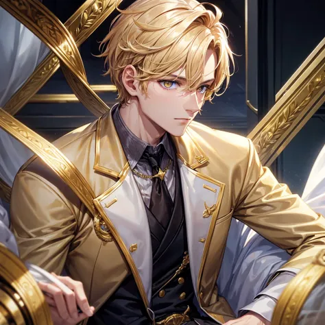 1 guy, golden short hair, golden eyes, royal suit gold and white