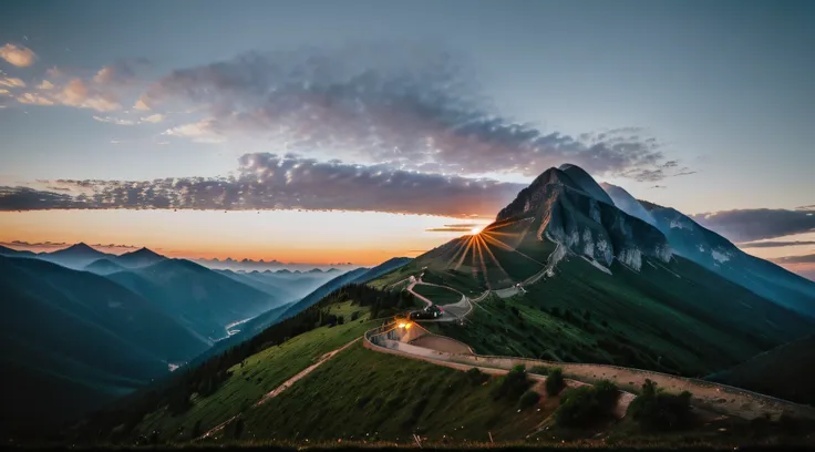 a dawn breaking over a mountain, representing the positive change brought by self-love, bringing a sense of peace and fulfillmen...