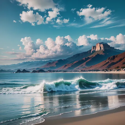 Image of a tranquil coastline with mountain views. Clear sunny day with blue sky without clouds. The sea, smoothly washing the shore, as well as waves, whispering their stories. High Mountains, Their peaks, touching clear skies. Convey the beauty of nature...