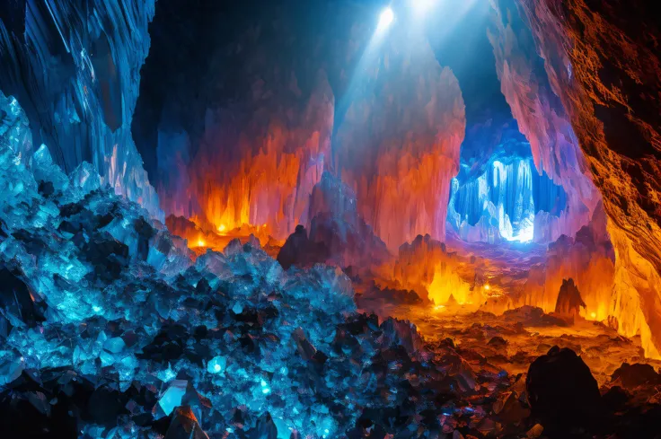 a speologist inspecting an impressive crystal cave, (best quality,4k,8k,highres,masterpiece:1.2), ultra-detailed, (realistic,pho...