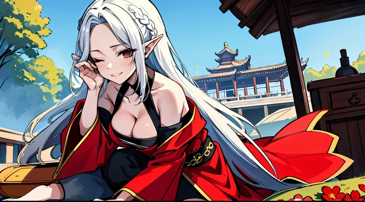 （（tmasterpiece：1.4, Best quality））+, （hyper-detailing）+, （Close her eyes：1.5）+, Blind girl，（Meticulous ears：1.5）, （cute girls）, （Classic green Hanfu：1.5）, Long hair details, Long braids on both sides, （wariza：1.2）, pale-skinned, （red cloth：1.5）, （black lon...