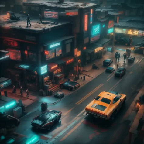 (Tilt-Shift:1.4), cyberpunk 2077 (extremely colorful, Best quality, high detailed, Masterpiece, Cinematic Lighting, 4K, Chiaroscuro)