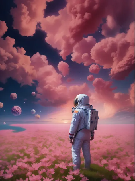 he astronaut walks in the sea of flowers dotted with pink clouds，The astronaut who  alone，The astronaut cannot leave this planet，The astronaut  lost in the boundless space.