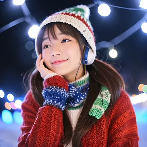 An ultra-high picture quality、Perfect Photo、japanes、japanese beauty girl、13years、((((profile))))、Winter clothes、Christmas Lights、lawn、Earmuffs、straight haired、Knitted hats、Open your mouth a little、Im happy、look up sky、