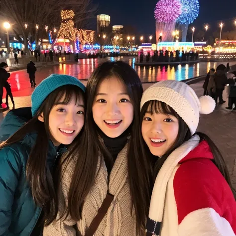 An ultra-high picture quality、Perfect Photo、japanes、japanese beauty girl、13years、((((center))))、Winter clothes、Christmas Lights、lawn、straight haired、Knitted hats、Open your mouth a little、I am happy、look up sky、