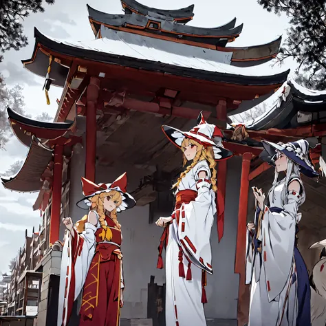 Next to the torii gate of the temple，There stood a witch wearing red and white trousers，Her name  Reimu Hakurehe&#39;s a human miko from Gensokyo.，A blond girl wearing a black and white magician costume，Wearing a witch hat，Her name  Marisa，The two will alw...