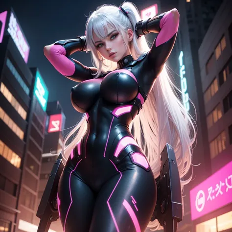 Pretty, Woman, Sexy face, Yellow eyes, White hair, Slim body, Sexy Pose (put hand behind her head), Big breast, Pink tights, mechs, red Neon sign, Led Night City, Seen from above, High quality, Realistic, Beautiful light, full detail, Black background