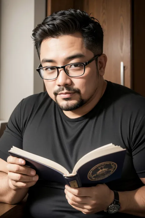 1man, Filipino, middle-aged, Plus-size, light-bearded, light-brown skin, short black hair, dark brown eyes, casual attire, wears reading glasses, high res, ultrasharp, 8k, masterpiece, looking at viewer