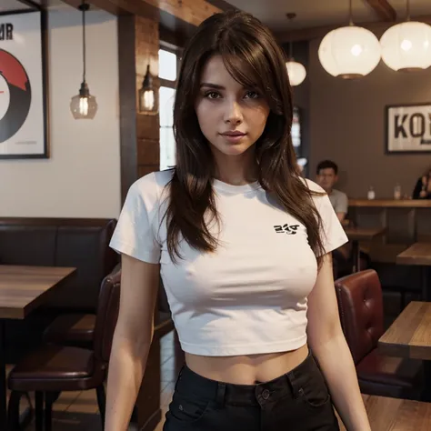 Brunette woman in restaurant in pants and t-shirt , em 3d e 4k