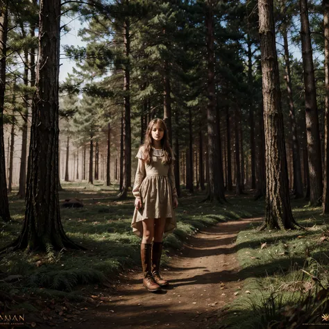 "Illustration for a fairy tale about a girl, standing in the woods, who knows how to talk to animals"