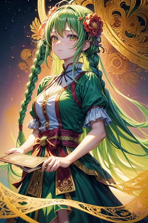 (masutepiece, of the highest quality, Best Quality, Official art, Beautiful and aesthetic:1.2), (1girl in:1.3), (Fractal Art:1.3), The card, tarot, Green hair, Twin braids, Hair Flower, (good lighting:1.1), ((hight resolution)), Tarot card style