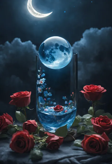 azure river flows in the clouds,beautiful realistic glass crescent without overexposure in the clouds ,Decorated with flowers,early glass moon,glass crescent covered,scarlet roses grow on it,entwined with flowers,magic glass crescent,Magical energy,The sky...