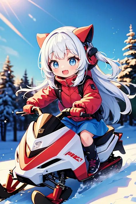 (masterpiece),(a little Girls , cute type)(children),chibi,Shes riding on a snowmobile,sliding down a snowy mountain、Happy look、细致背景