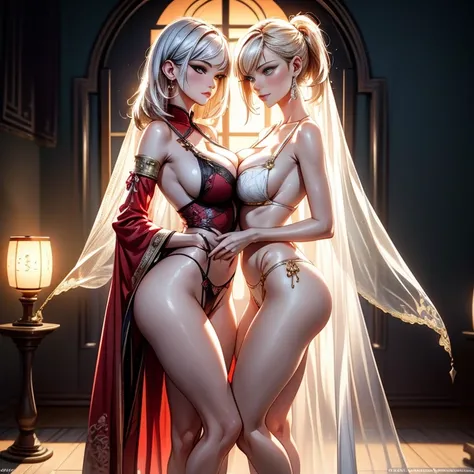 Two girls having close contact, Full body photo of couple, Goddess girl, gorgeous one, splash up, butterflys, Smooth pen and ink, lunar goddess, Whole body diagram, Detailed faces, (Upper part of the body: 1.4), (underwear  transparent: 1.3), Golden decora...