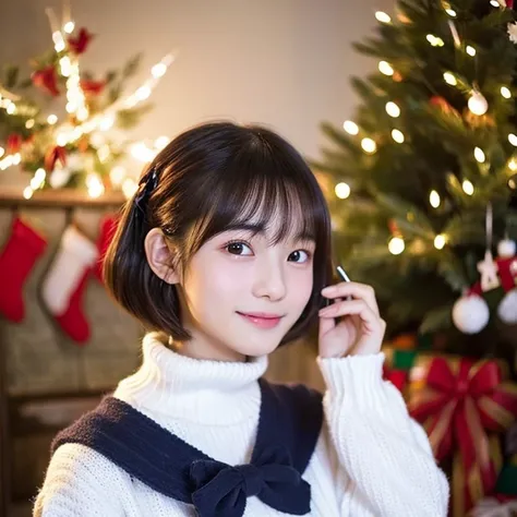 An ultra-high picture quality、Perfect Photo、japanes、japanese beauty girl、sixteen years old、((((directly in front))))、White sweater、Poke a wand in the cheek、christmas indoor、Short Bob Hair、Open your mouth a little、