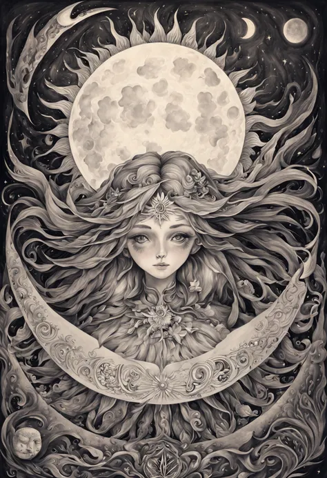 The drawing depicts a celestial harmony as the sun and moon intertwine, sharing a border where half is radiant sun and the other half is luminous moonlight. Rendered in the vintage black-and-gray tones of old pencils, the white paper backdrop highlights in...