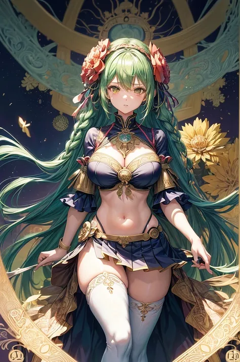 (masutepiece, of the highest quality, Best Quality, Official art, Beautiful and aesthetic:1.2), (1girl in:1.3), (Fractal Art:1.3), The card, tarot, Green hair, Twin braids, Hair Flower, (good lighting:1.1), ((hight resolution)), Tarot card style, (Very big...