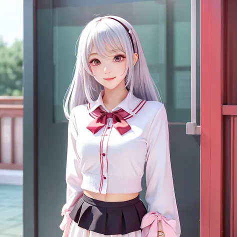 Japan anime-style illustration、huge bust、white  hair、length hair、White shirt、Pink Ribbon Tie、Short black skirt、white knee highs、drooping eyes、Red Eyes、Pink cardigan