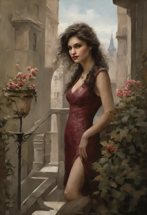 真实感, dark fantasy style, John Tolkien style, Small painting by Jean-Baptiste Monge, Soft facial features, Rocker Girl, Human Hand, Very clear, Without flaws, five fingers, Bright make-up, in a tight short dark leather fitted dress with a cutout, slight exc...