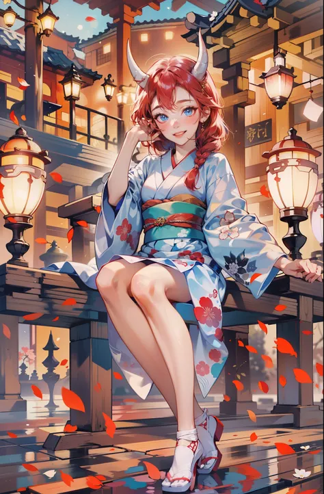 best quality, highly detailed beautiful face and eye, (1girl, solo), 18years old, full body, kimono, blue eyes, (cherry red hair, side braid hair), normal ears, gold demon horns, (happy smile, blush:1.2), long slim legs, sitting on the wooden bench, Japane...