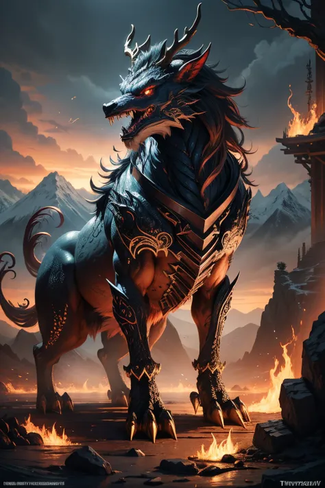 tmasterpiece，high high quality，high definition resolution，16k,realistically，(Mountains and sea)，monster from hell，Demonic nature，Old，Black-green scales，quadrupedal，deer antlers,mane hair,,sharp talons,beast of prey，Fangs and sharp teeth，Twinkle red eyes，Hu...