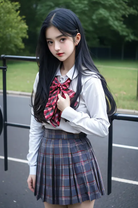 (girl standing in front of the school gate),((posterior view)),((turned around))，Charming eyes，Heartwarming action，Turn your face away from the camera，stooped，Bend over，turn back，Look up at your head，thick long hair，Highly detailed body，Highly detailed fac...