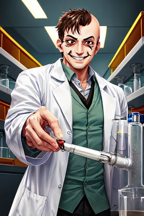 bald middle-aged male doctor with one demonic red eye and one brown eye, sadistic smile, in lab coat