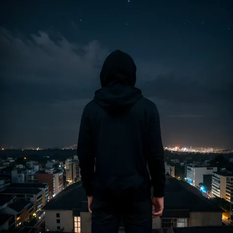 Man with black hoodie and blue jeans far in camera, view back, distance the camera, indonesian city, night, night sky, bandung city