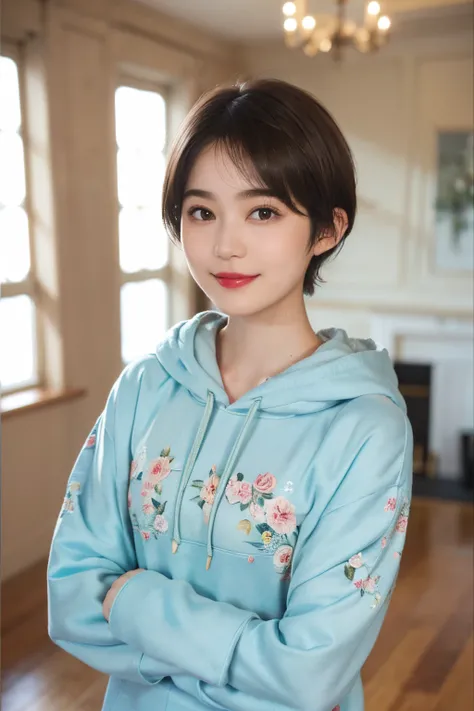 131
(a 20 yo woman,Wearing sportswear), (A hyper-realistic), (high-level image quality), ((beautiful hairstyle 46)), ((short-hair:1.46)), (Gentle smile), (brest:1.1), (lipsticks), (florals), (Large room), (florals), (wearing hoodies)