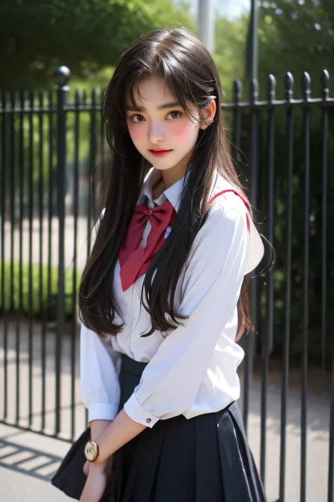 (girl standing in front of the school gate)，wet​，Charming eyes，Heartwarming action，Turn your face away from the camera，stooped，Bend over，turn back，Look up at your head，thick long hair，Highly detailed body，Highly detailed face，best qualtiy,　female students、...