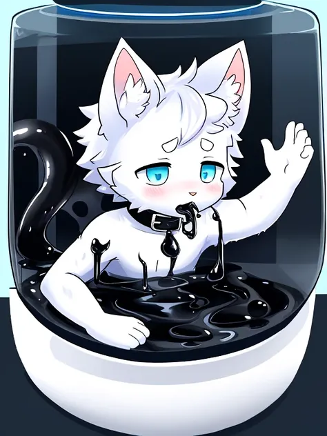 a male white cat，The fish tank with only its head exposed  filled with black mucus，Covered with mucus，slimes，white cat，collars，Covered with mucus，sink into，Trapped，yoke，Cant break free，（（full of black goo））