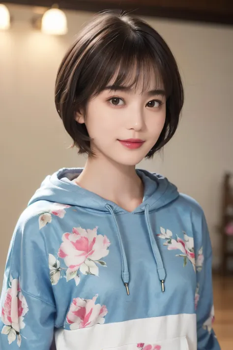 131
(a 20 yo woman,Wearing sportswear), (A hyper-realistic), (high-level image quality), ((beautiful hairstyle 46)), ((short-hair:1.46)), (Gentle smile), (brest:1.1), (lipsticks), (florals), (Large room), (florals), (wearing hoodies)