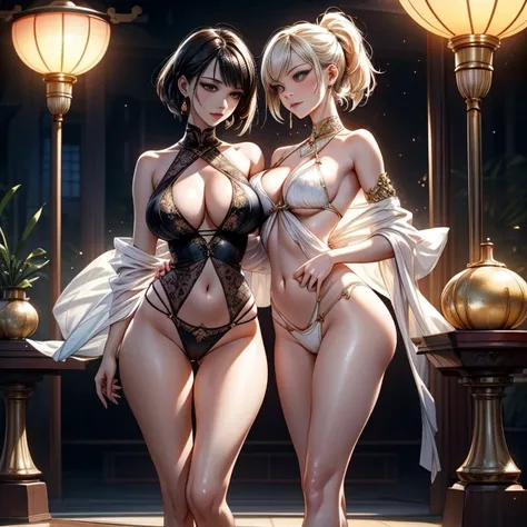 Two girls having close contact, Full body photo of couple, Goddess girl, gorgeous one, splash up, butterflys, Smooth pen and ink, lunar goddess, Whole body diagram, Detailed faces, (Upper part of the body: 1.4), (underwear  transparent: 1.3), Golden decora...